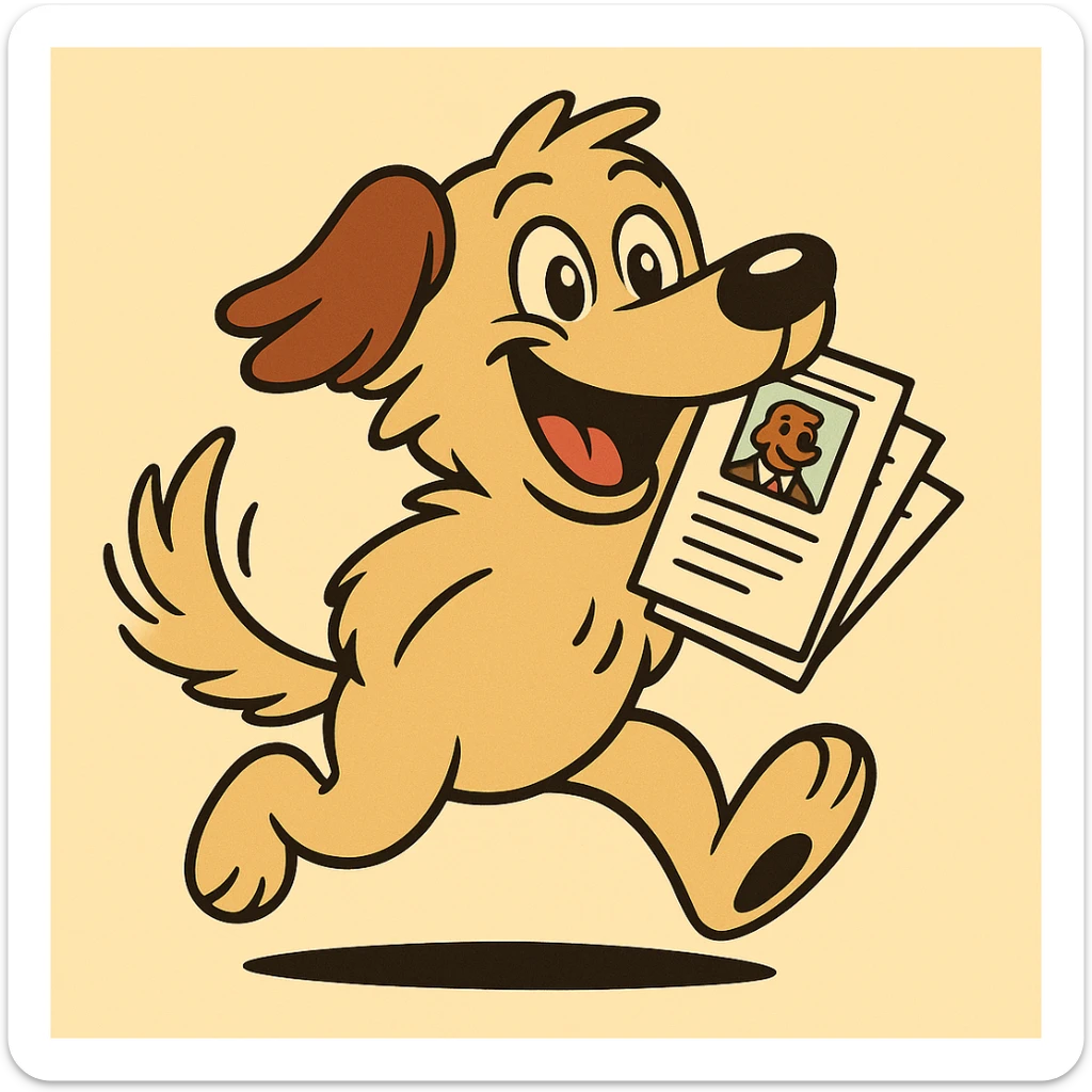 Maintain the friendly, classic cartoon style of the dog. Make the dog look even more playful and energetic with a bigger smile and a wagging tail. Remove the hands and bag. Have the dog happily carrying several resumes in its mouth, emphasizing a joyful and lively expression. sticker