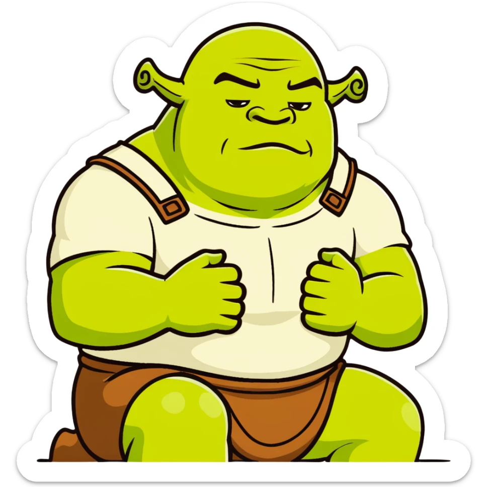very muscular Shrek soothing Elon Musk, cartoonish style, bright colors sticker
