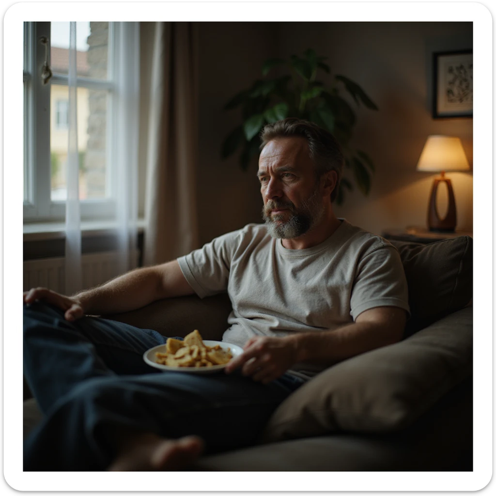 Uomo di 30 anni seduto sul divano che mangia patatine e beve bibita davanti alla TV, ambiente domestico disordinato, dettagli iperrealistici 4K, testo in italiano: 'Abitudine serale'. sticker