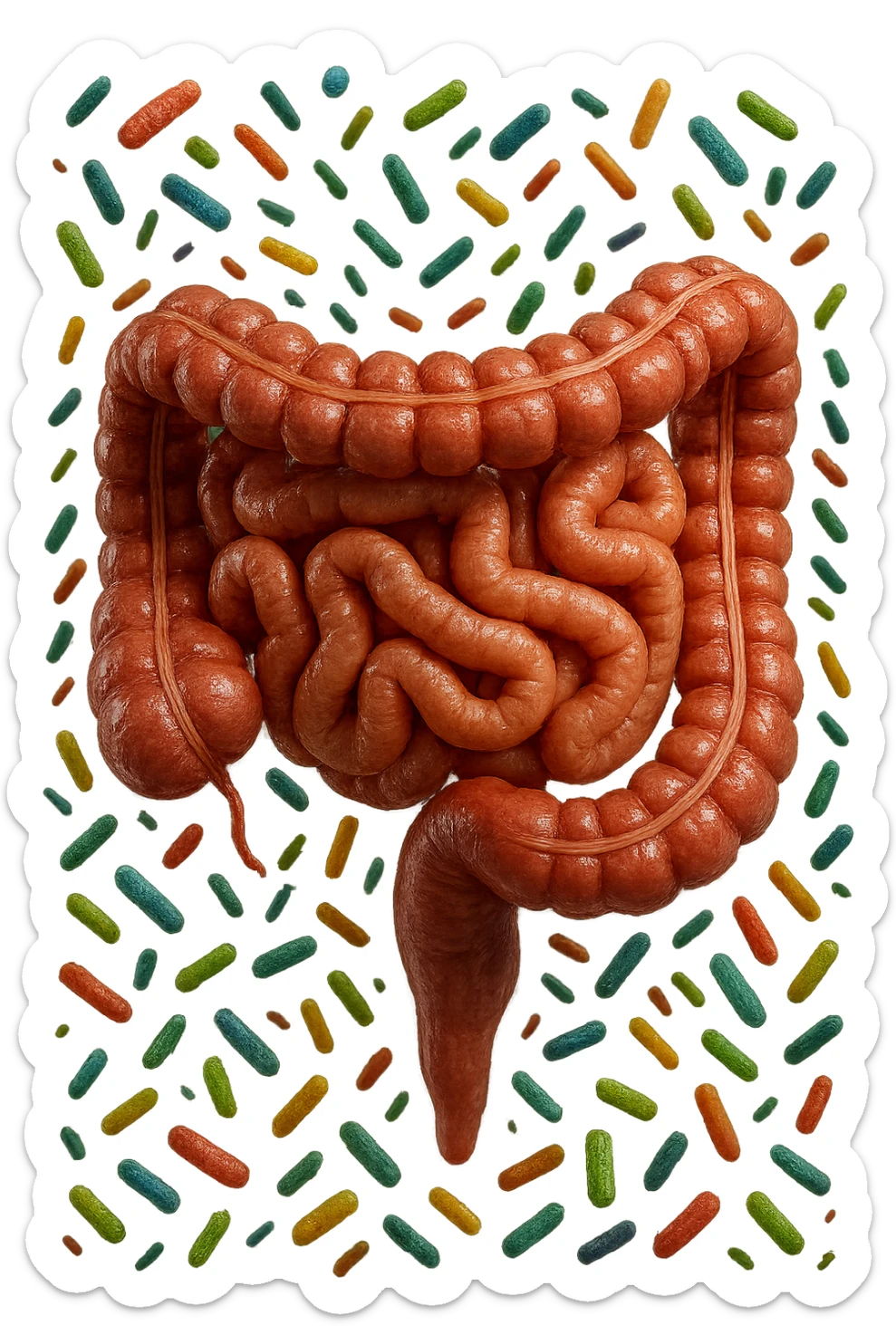 intestino umano anatomico con batteri intestinali che gli fluttuano intorno, iperrealistico 4k sticker