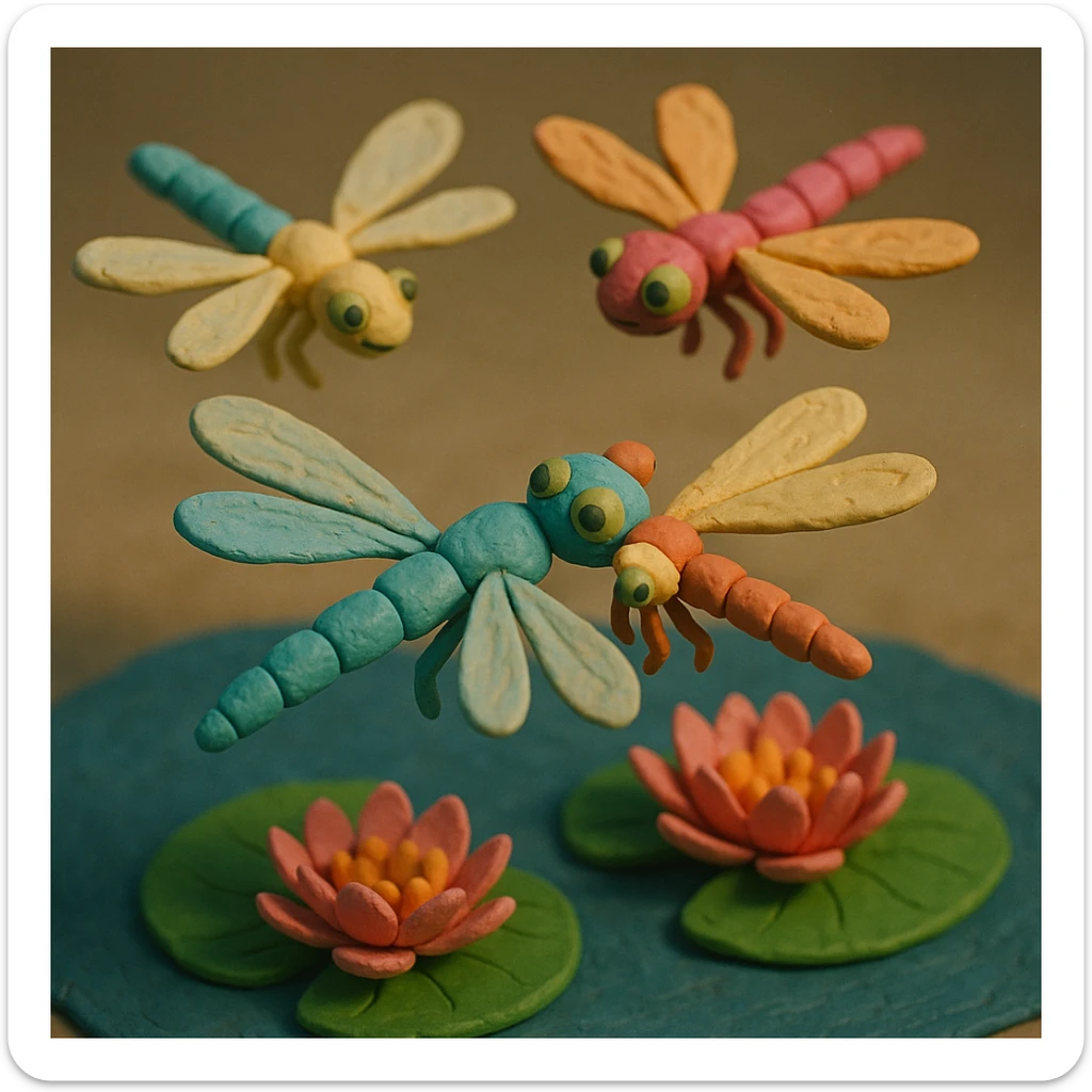 claymation style dragonfly family flying in a circle above water lilies, colorful and whimsical, soft lighting sticker