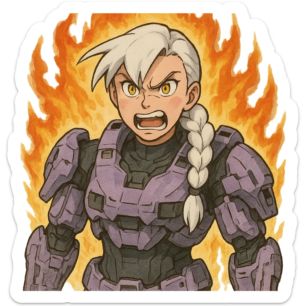 making an angry scowl rage face, rage aura,  female, wearing reach spartan armor shoulder-unequip, long white braid hair with massive messy front side single bangs, gold yellow eyes, attention pose, D-cup size, HALO:series, no helmet, the armor is lavender color scheme, sticker
