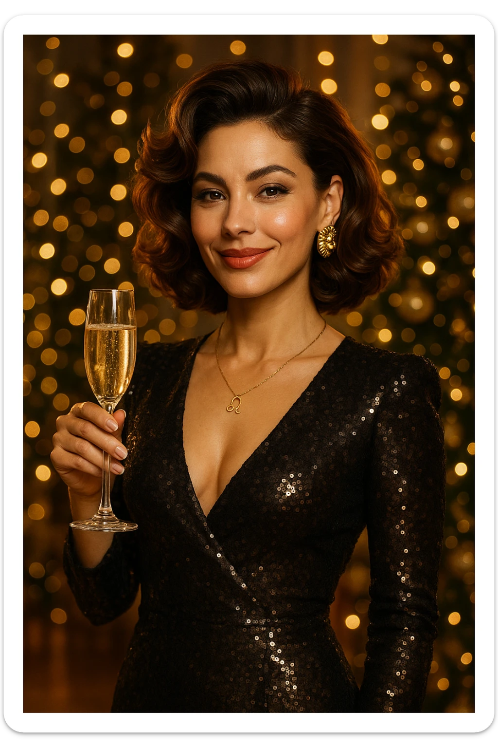 leo zodiac woman holding a glass of champagne, elegant, confident, warm smile, stylish hair, festive atmosphere sticker