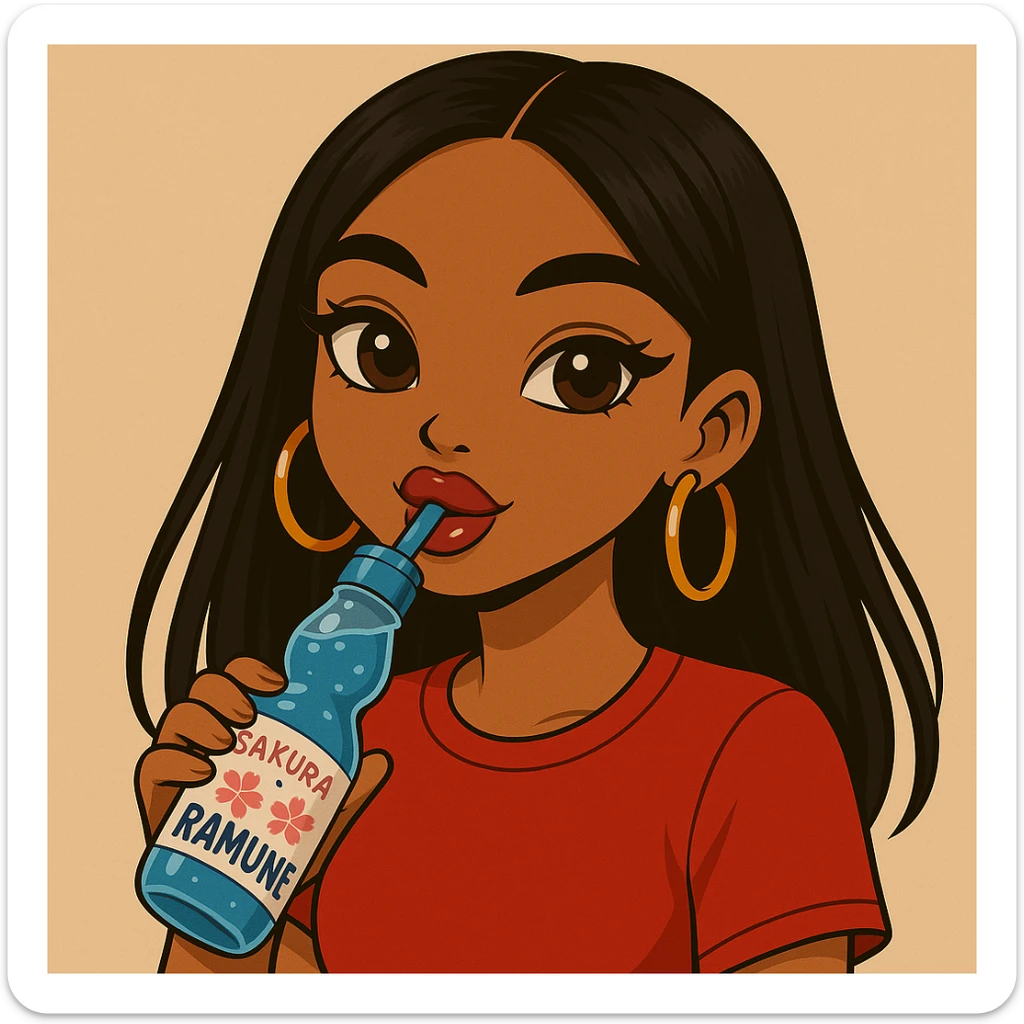Headshot of a 20-year-old anime Bratz style woman with dark skin, straight hair, trendy outfit, glossy lips, no hat, no tears, happy expression, both eyes open, looking straight ahead, drinking blue Ramune soda labeled 'Sakura'. Change her eyes to brown and her shirt to red. sticker