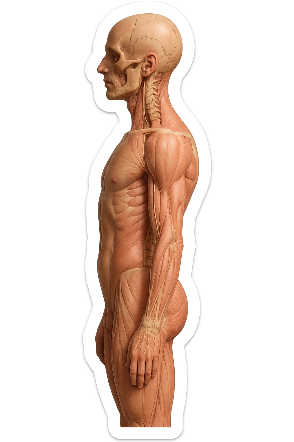 CORPO UMANO ANATOMICO REALISTICO DI PROFILO CON CURVA LOMBARE PIATTA, iperrealistico 4k sticker