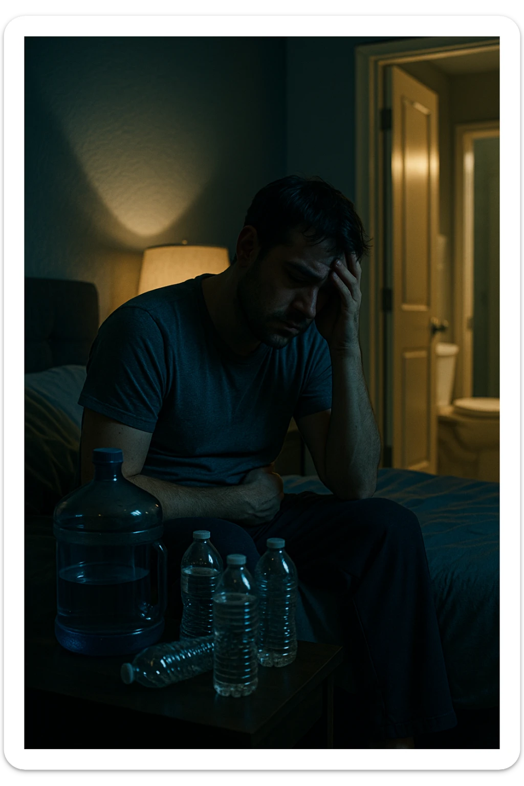 A cinematic scene of a man in his 30s sitting on the edge of his bed at night, clearly tired and frustrated. On his nightstand are several empty water bottles and a large reusable water jug, suggesting excessive hydration. A dim lamp casts soft shadows in the room, and the door to the bathroom is open with light spilling out — symbolizing repeated nightly visits. The man holds his head in one hand, while the other rests on his abdomen, eyes heavy with fatigue. The atmosphere is quiet and introspective. Cool color grading with deep blues and pale yellows enhances the nighttime mood. Style: 35mm cinematic realism, with attention to emotional detail and ambient lighting sticker