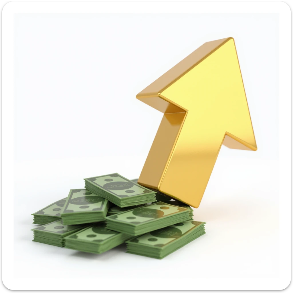 realistic 3D gold arrow pointing right, next to a pile of green cash, photorealistic style sticker