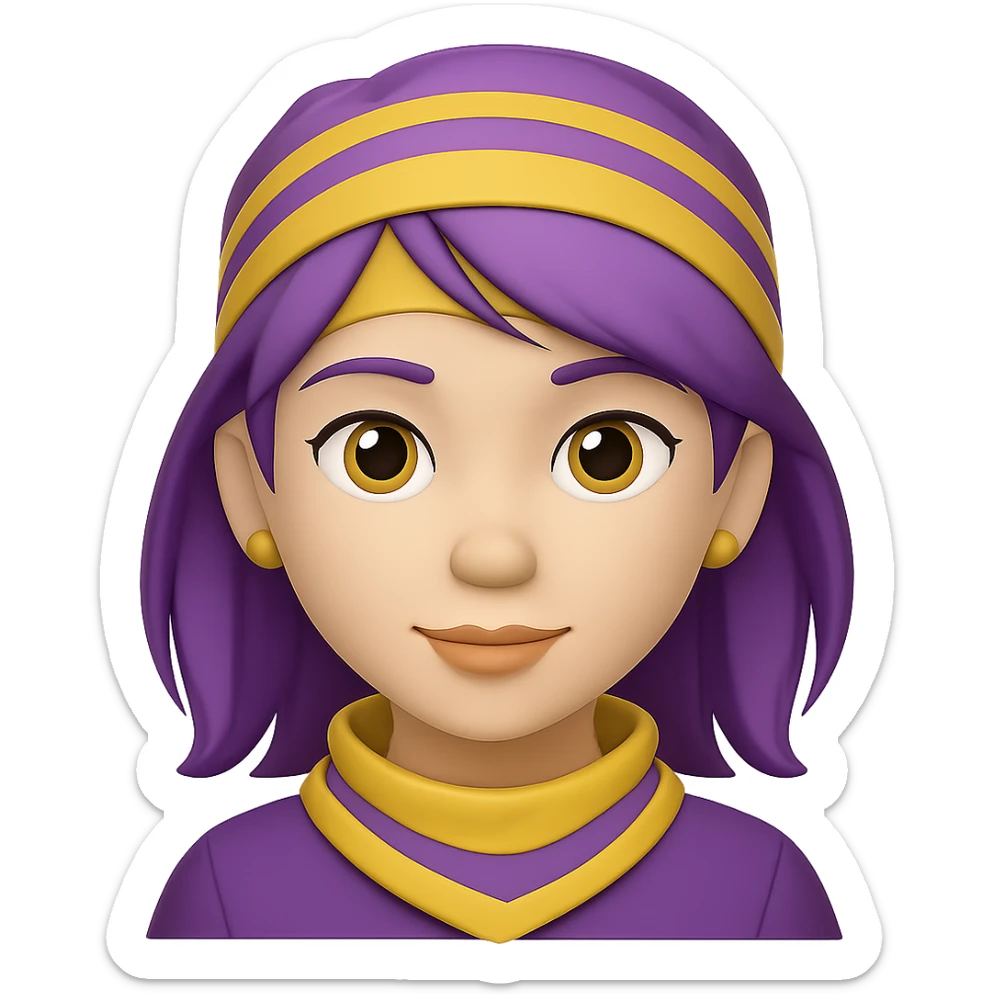 Create an image of a woman in the style of Apple emojis, featuring a striped yellow bandana, purple hair, and earrings, with no background. sticker
