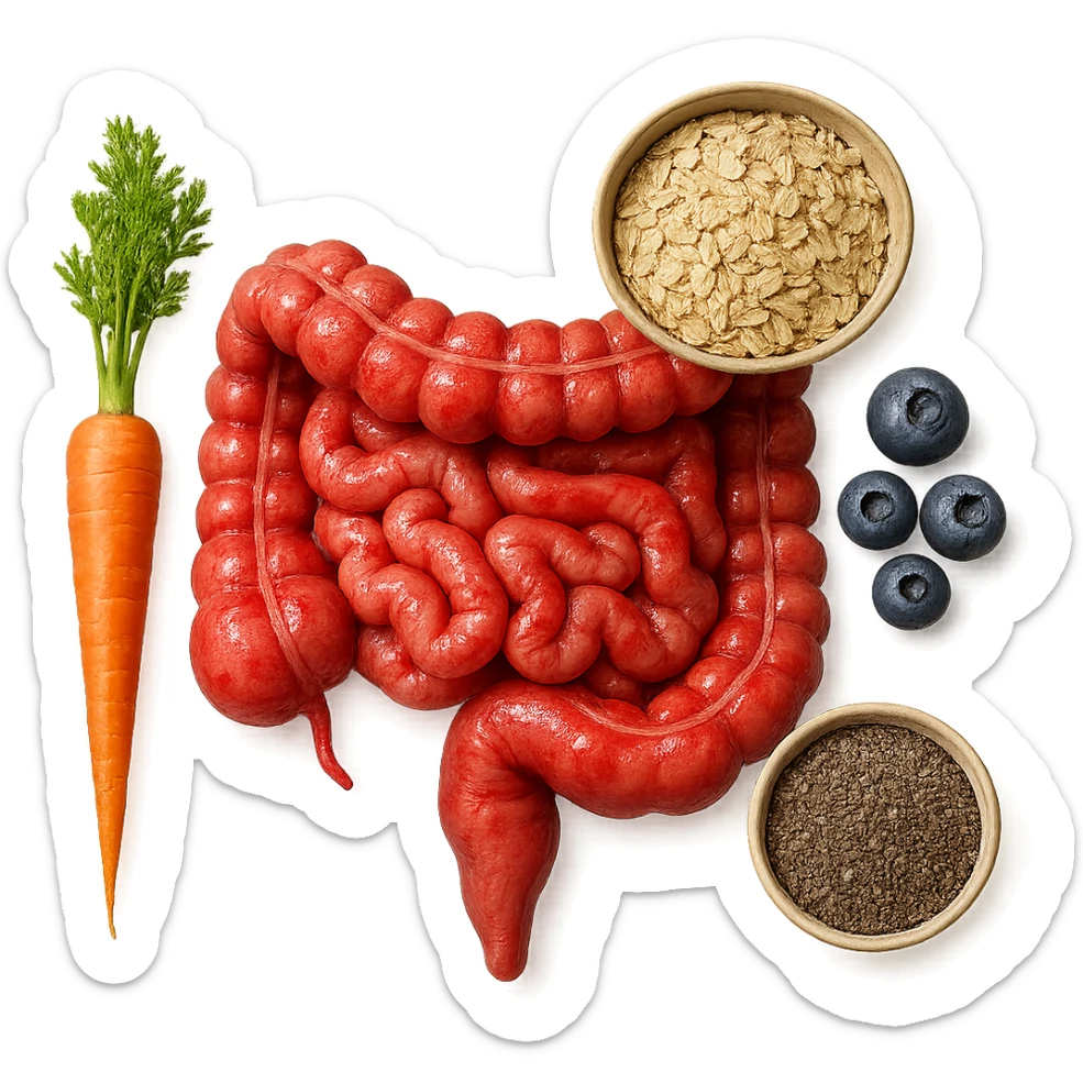 intestino umano anatomico infiammato al centro con carota, bowl di avena, mirtilli, bowl di semi di chia che gli fluttuano intorno , iperrealistico 4k sticker