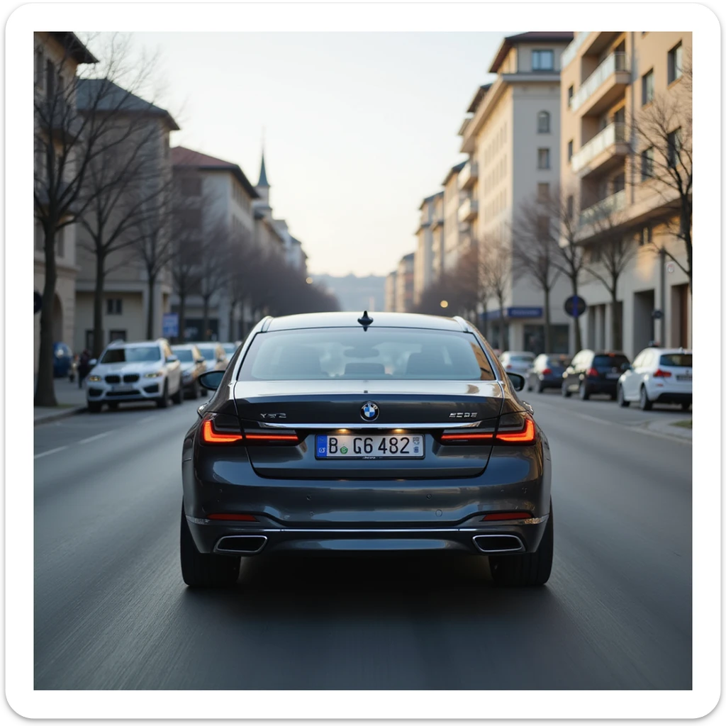 BMW Series 7 2022, back view, photorealistic, driving through a Romanian city, realistic urban background sticker