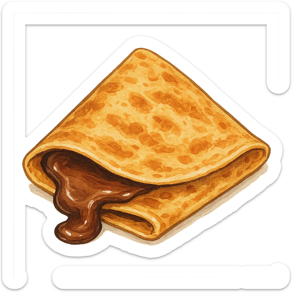 classic illustration of a french crêpe, golden brown, folded and filled with chocolate, chocolate oozing out, appetizing sticker