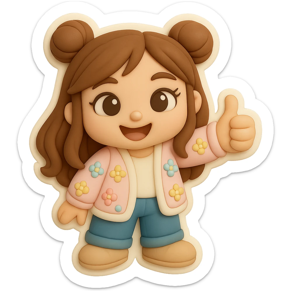 Create a 3D chibi fondant cake art style image with high-quality rendering, smooth shadows, and soft gradients. The girl should be based on the reference image, preserving facial features and eye shape exactly as in the 'thumbs down' sticker. She has long brown hair styled in two space buns, brown eyes, wearing jeans, a pastel floral cardigan, and shoes. Add a thick white outline like a sticker and ensure a transparent background. The expression is thumbs up and happy. The face, hairstyle, eye shape, and shoes must match the reference exactly. sticker