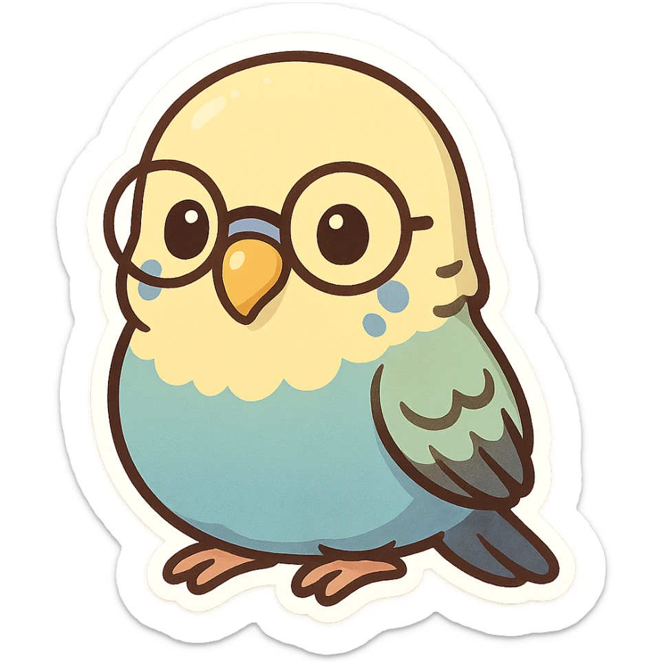 a cute budgie with round glasses, cartoon style, adorable and colorful sticker