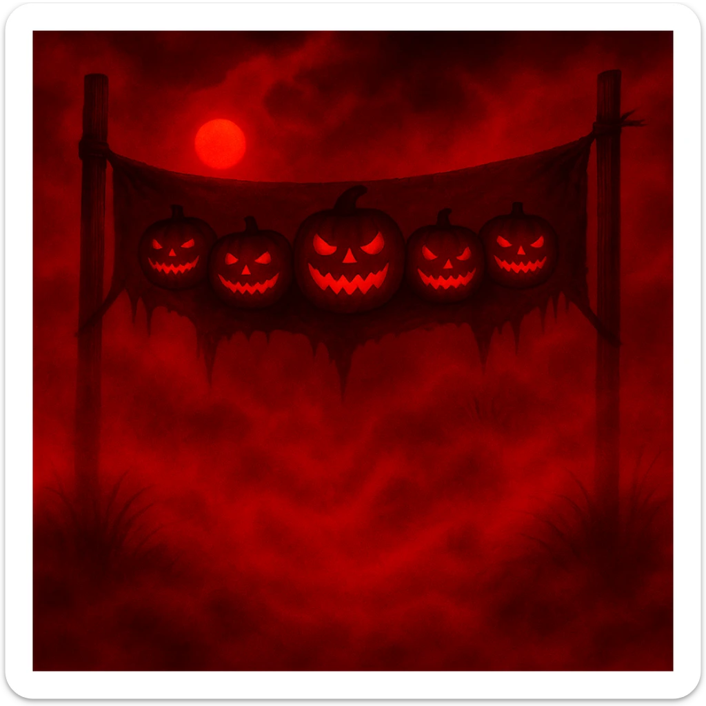 Change the color scheme to red and black with intense red fog and mist, creating an overall red horror palette. Keep all other details unchanged. sticker