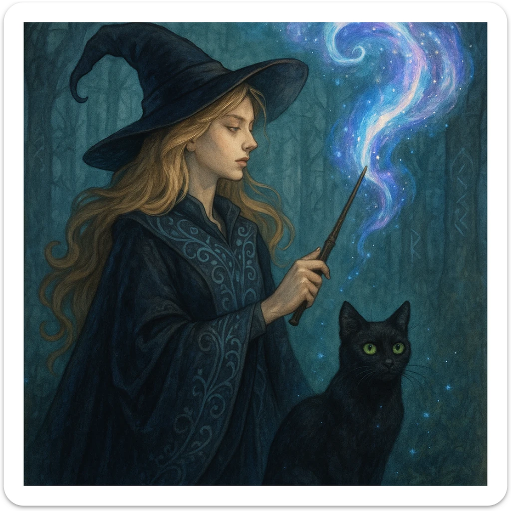 A detailed illustration of a blonde witch with a black cat, casting a spell sticker