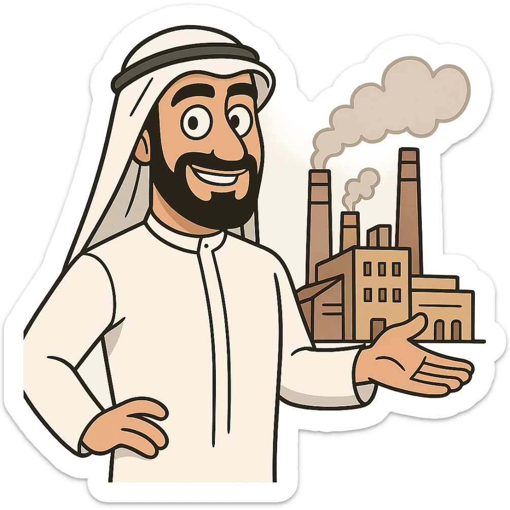 an Arabian factory owner in cartoon style, wearing traditional attire, confident and friendly expression, suitable for branding, no background sticker