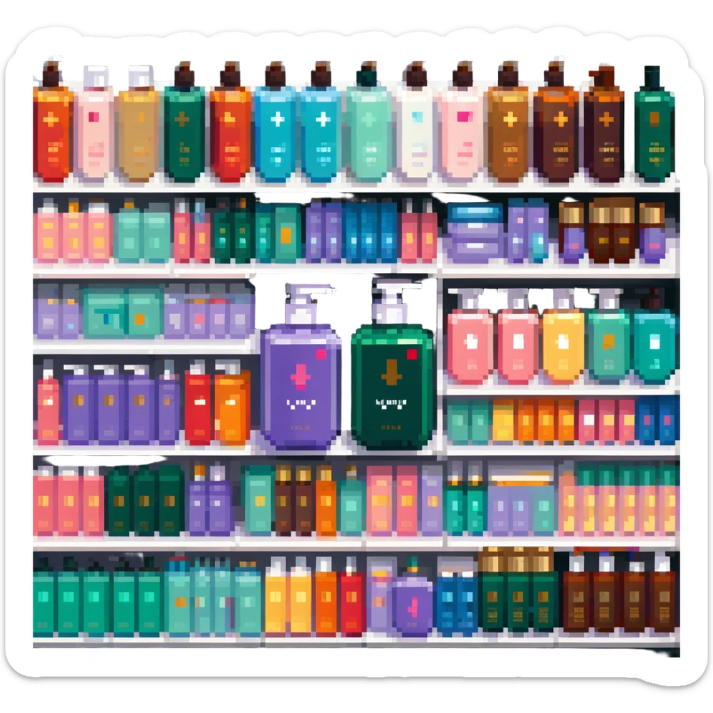 Shampoo bottle, color tube, and conditioner standing on a shelf, products are luxury brand-labeled sticker