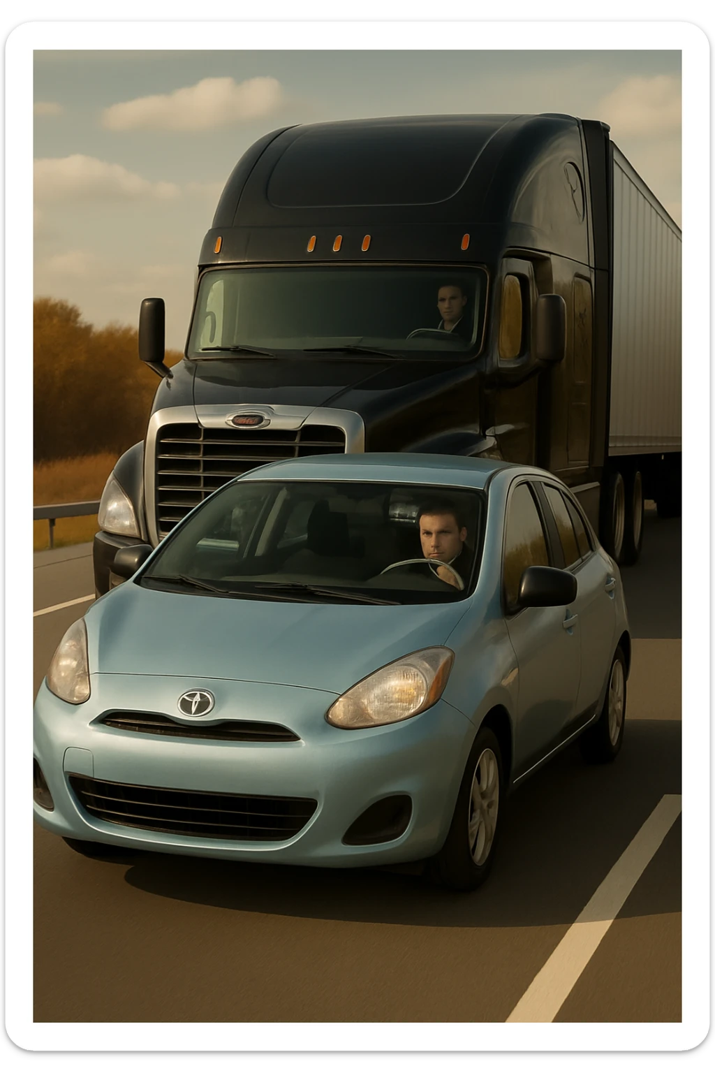 Remove the year 2026 from the black truck, add a visible person inside the car in front, keep the truck black and the rest of the scene the same. sticker