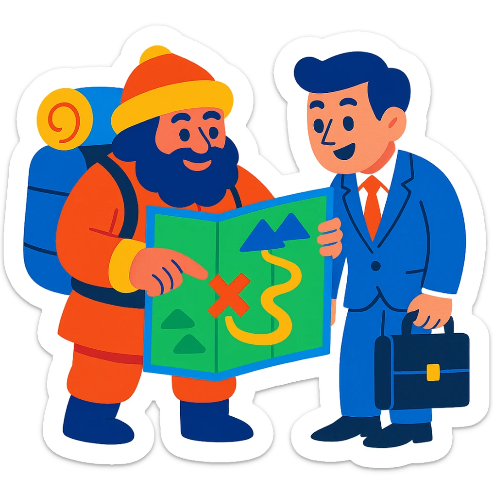 vibrant toon style sherpa showing a businessperson a map, energetic colors sticker