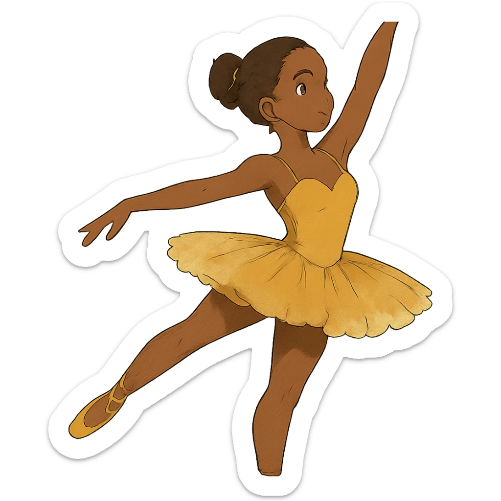 ghibli style dark-skinned ballerina wearing golden outfit sticker