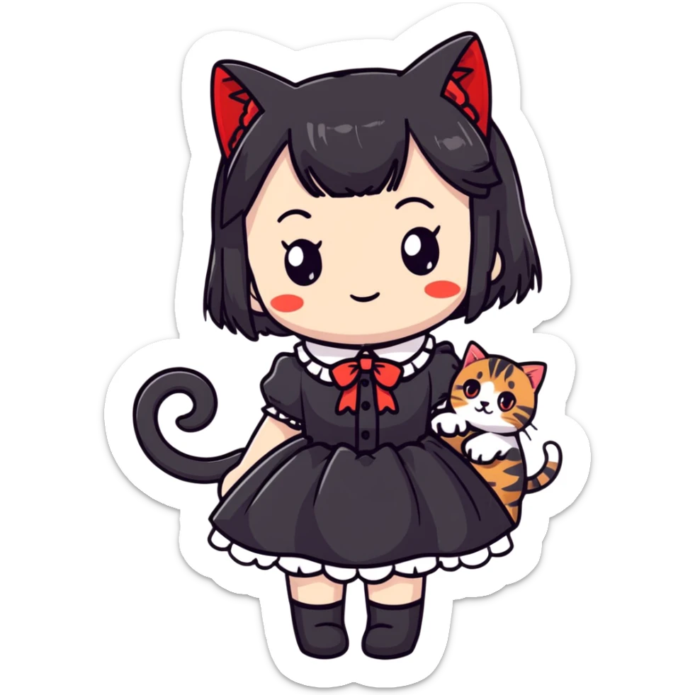 girl wearing black Lolita style dress, with medium-length black hair with red tips, and an American Shorthair tabby cat sticker