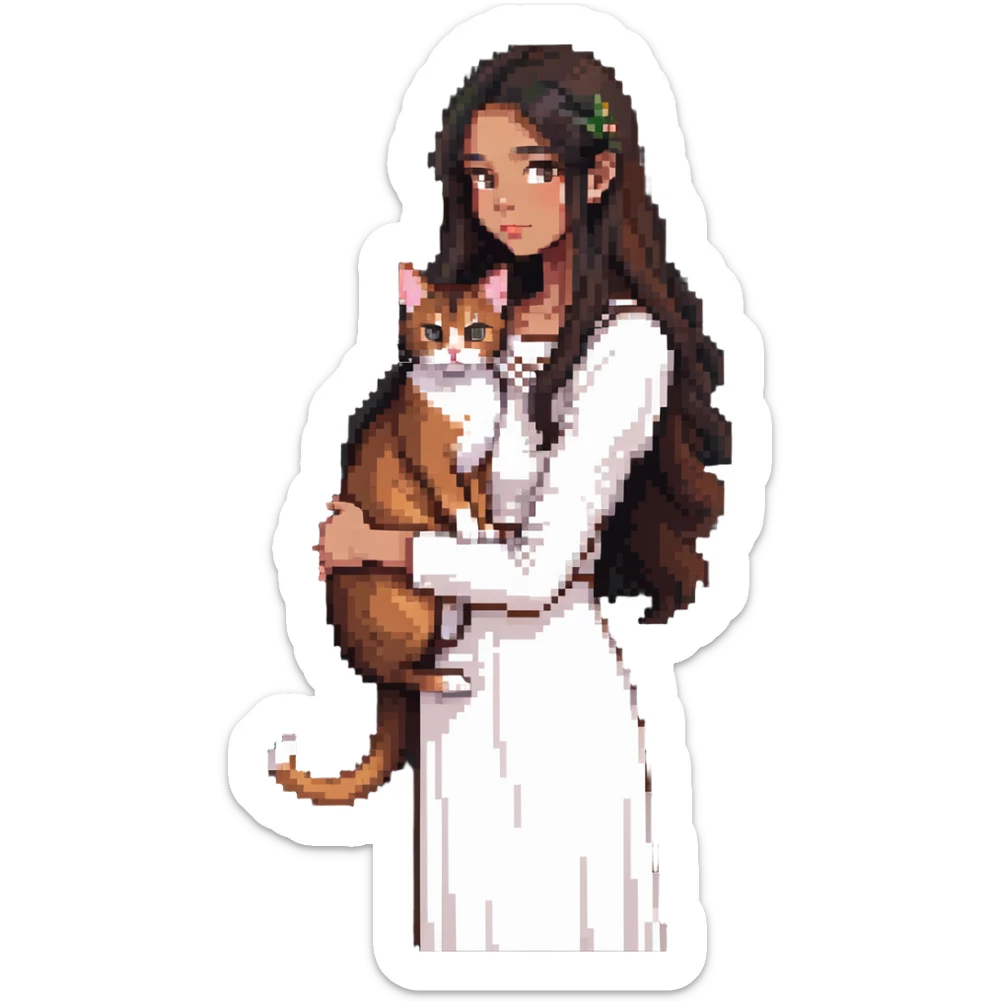 beautiful girl with long black hair wearing a white dress holding an Abyssinian cat with reddish-brown fur in her arms sticker