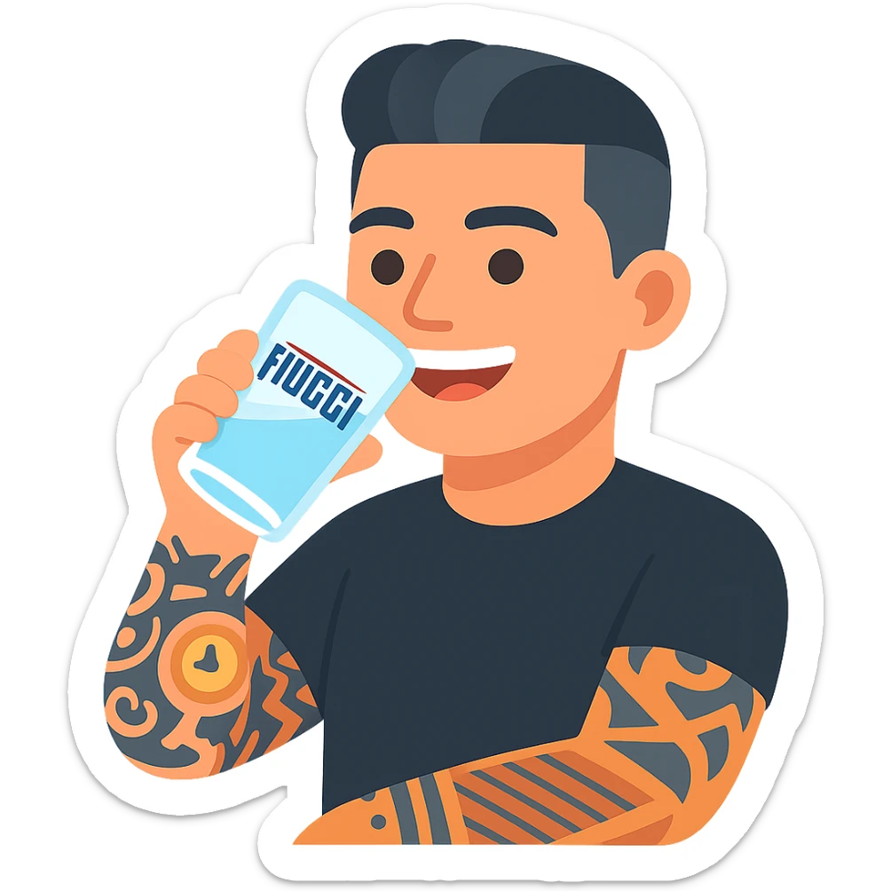 Transform the person in the photo into a colorful and modern cartoon/emoji style (not hyper-realistic). The person is drinking a glass of water with the 'Fiuggi' logo clearly visible. Include stylized tattoos and a smiling expression. sticker