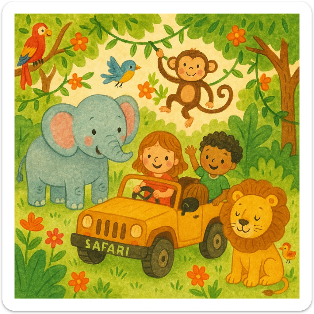 hand drawn digital illustration of jungle safari in the style of children's illustration sticker