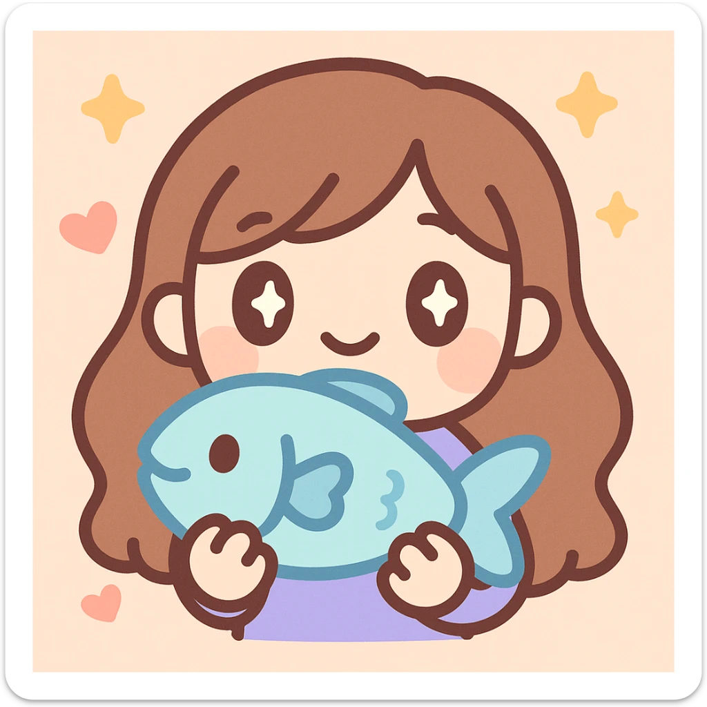 twitch emote of a cute cartoon girl with long brown hair holding a fish, digital art, vibrant colors, expressive face, chibi proportions sticker