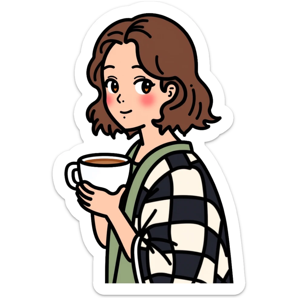 A 16-year-old girl with brown eyes and brown hair, with a black and white checkered blanket on her back, holding a white cup of tea in her hand sticker