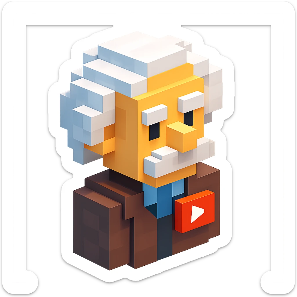 voxel style Albert Einstein with a YouTube play button pin on his jacket, isometric view sticker