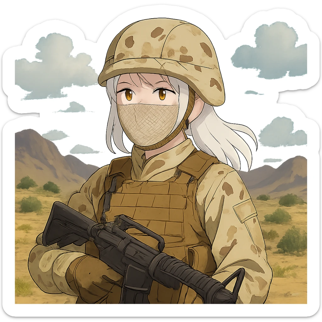 1 female, US soldier in afghanistan, 2010's era, she is wearing tan desert camo and a plate carrier with an m-16, gold yellow eyes, white hair, face covered sticker