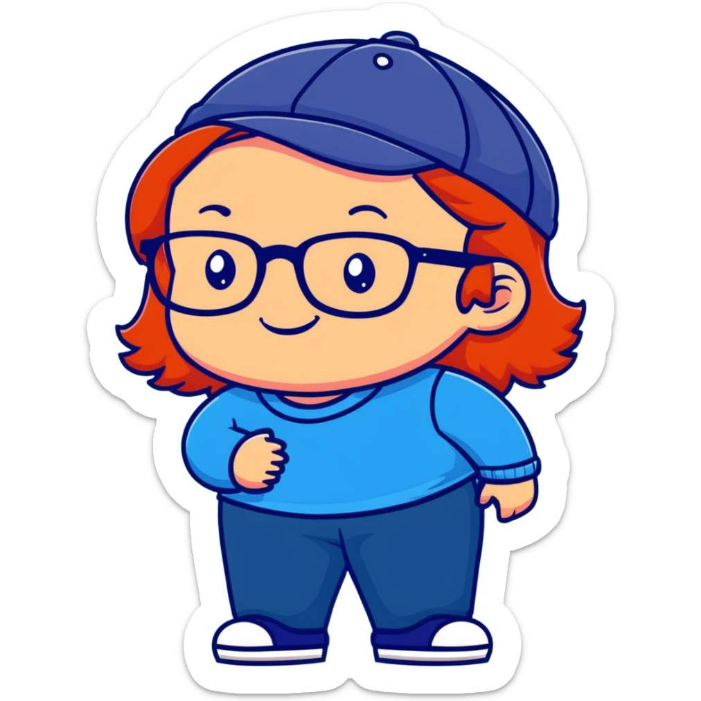 Young person with red hair, glasses, earrings and a wonderful smile, wearing blue clothes, jeans and a cap sticker