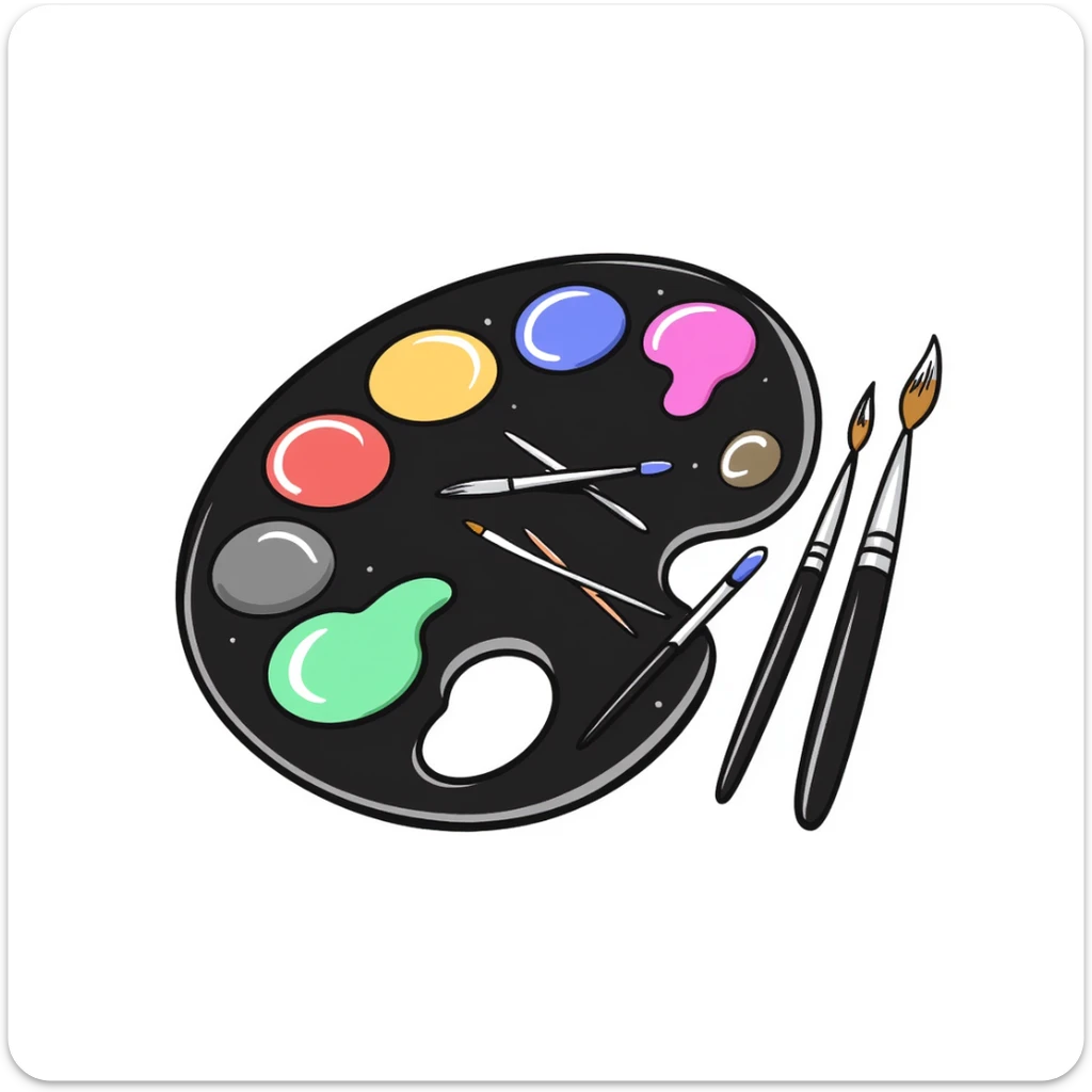 Detailed artist's palette with colorful paint blobs, palette holes, and paintbrushes nearby. Detailed and intricate doodle style. sticker