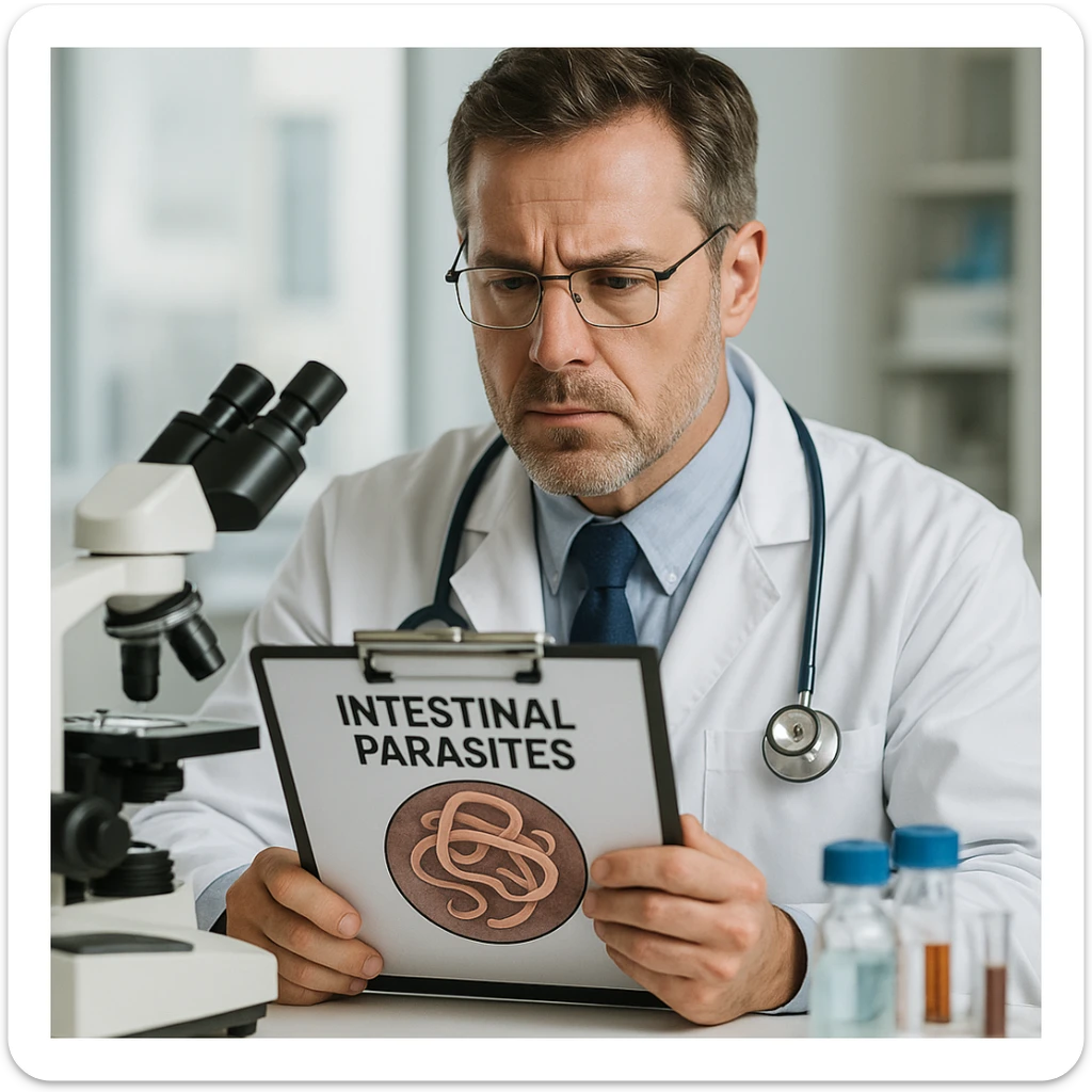 realistic image of an American doctor studying intestinal parasites in a medical setting, focused expression, lab equipment visible sticker