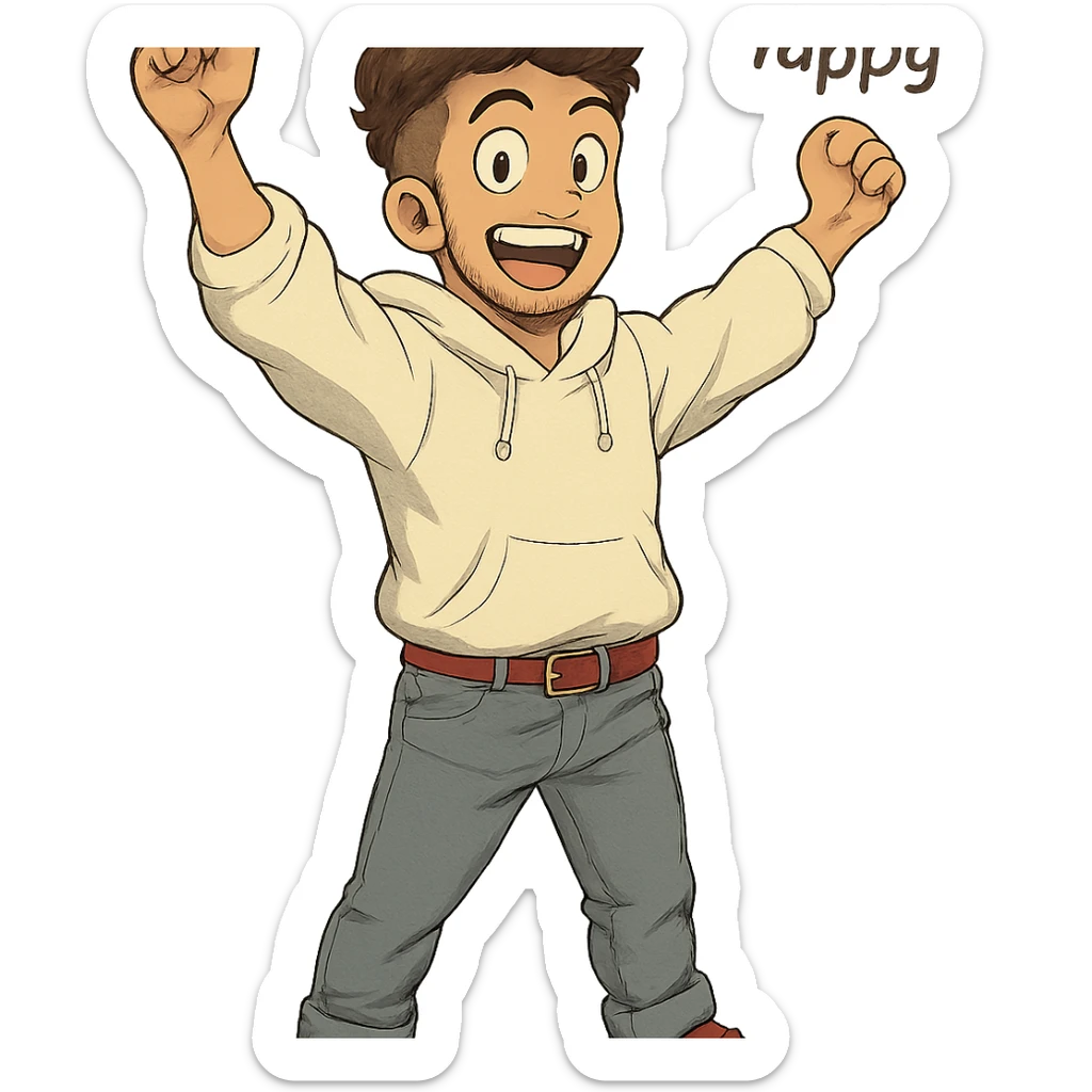 1 male, mid fade haircut dark chestnut brown curly hair, toasted lightskin, white hoodie sleeves up, gray fashion jeans, red fashion-sneakers shoes, red belt, short trimmed beard and goatee,  style of deku from "my hero academia",  "happy!" pose sticker