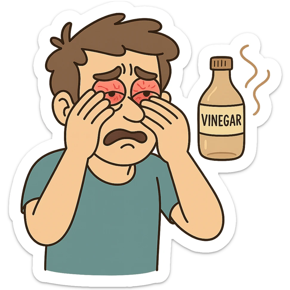a person rubbing their eyes, eyes red and watery, showing discomfort after vinegar exposure, cartoon style sticker