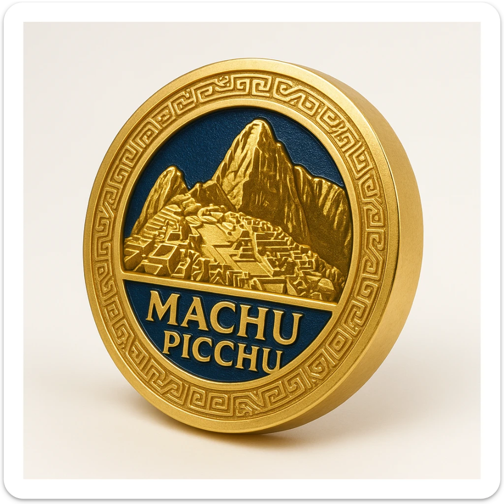 circular Machu Picchu logo with ancient Inca pattern border, gold and deep blue, elegant and timeless sticker