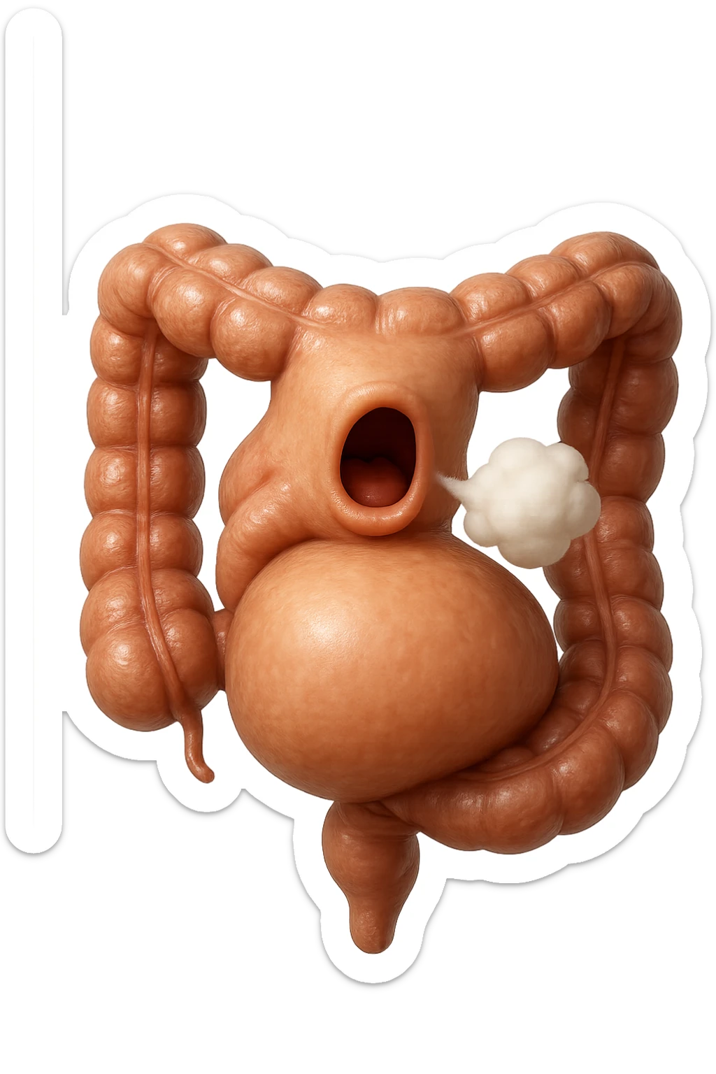 emoji stile iphone di un intestino che ingoia una nuvoletta di aria ben visibile e gli si gonfia la pancia, non fargli il naso, iperrealistico 4k sticker