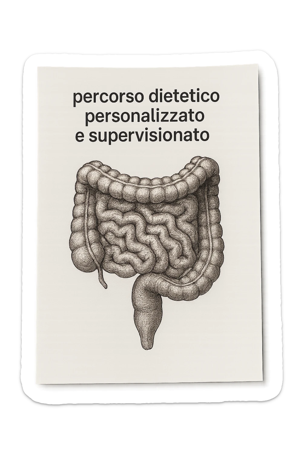 foglio di carta con intestino disegnato sopra e la scritta "percorso dietetico personalizzato e supervisionato", iperrealistico 4k sticker