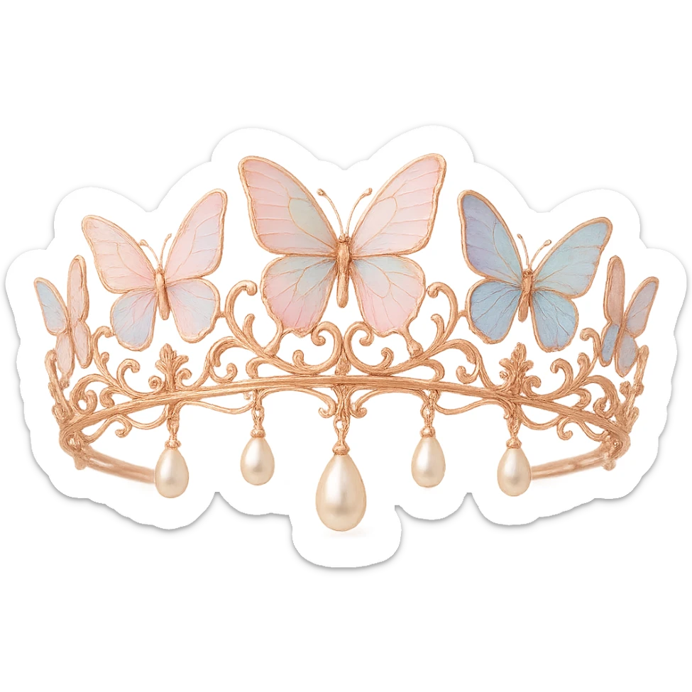 butterfly crown in rose gold with pastel butterflies and pearl drops, soft and romantic sticker