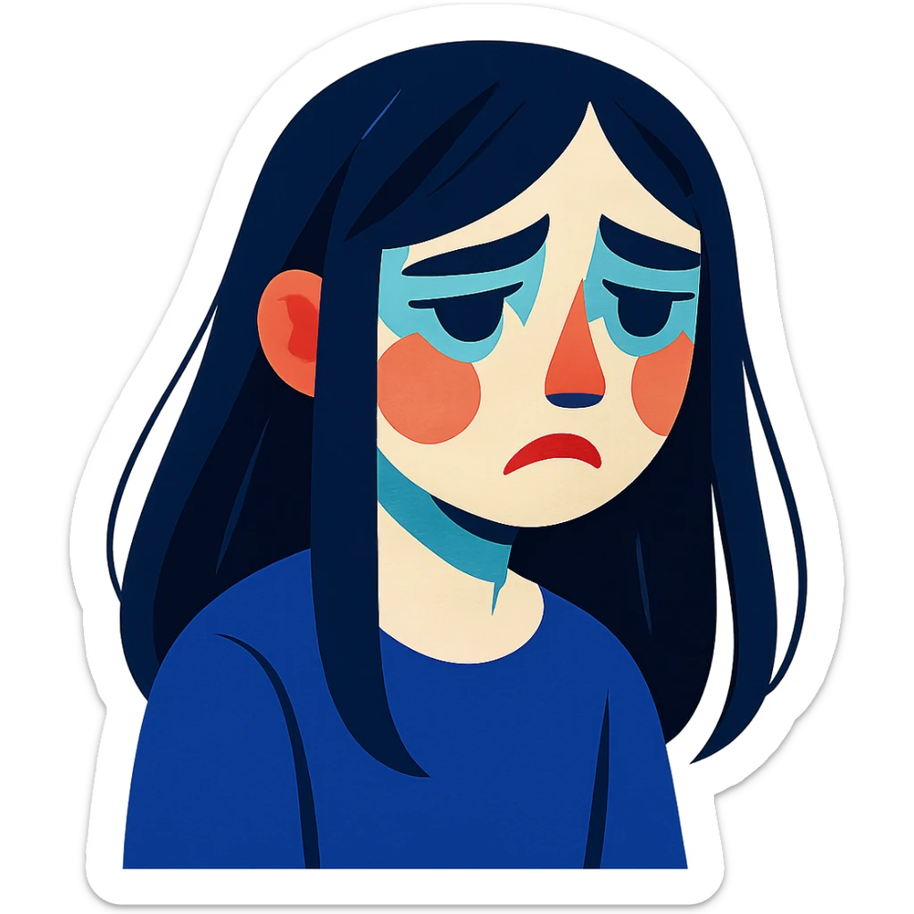 pale girl with long black hair, sadness, emotional, stylized vibrant toon style sticker