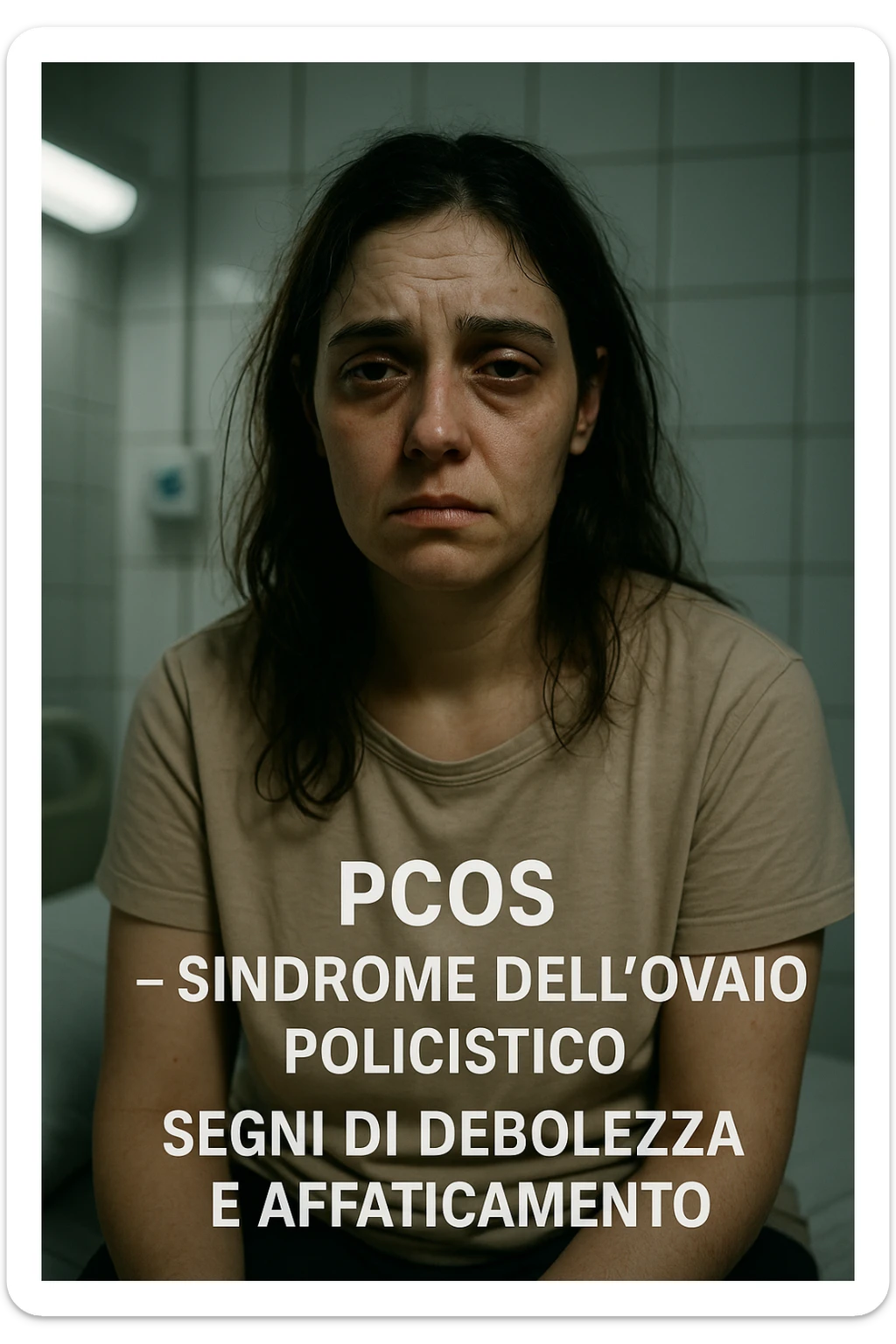 Donna con PCOS, aspetto debilitato e stanco, segni visibili di sofferenza, ambiente clinico, luci drammatiche, dettagli realistici, didascalie in italiano, verticale 2:3 sticker