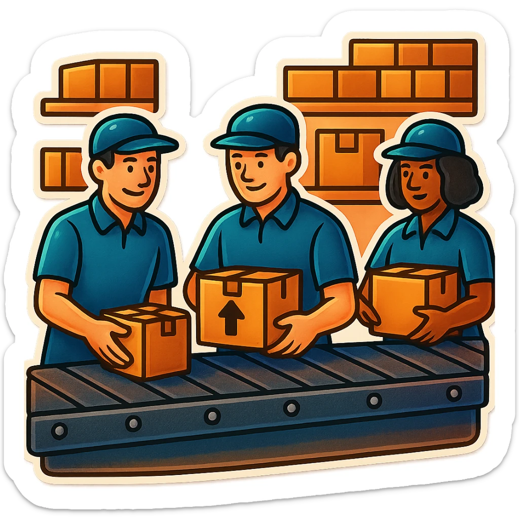 Картинка конвейерной ленты, по ней едут коробки, люди сортируют коробки в разные стороны, не обрезай края обводки sticker