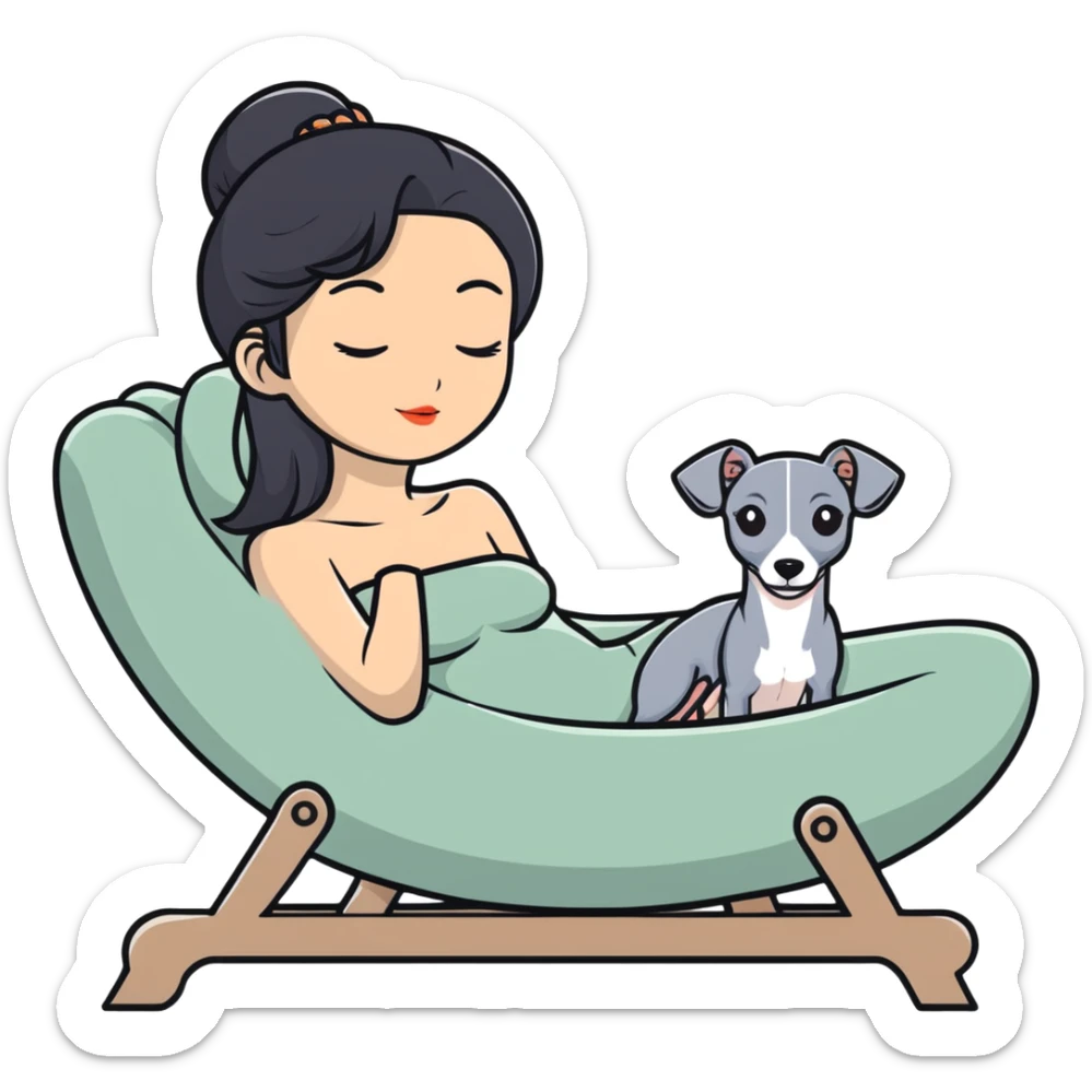 Very thin Chinese woman with long black hair relaxing on a spa lounger with exactly ONE Italian greyhound. CRITICAL REQUIREMENT: the dog must be ONLY ONE SOLID GREY COLOR from nose to tail with NO WHITE or LIGHT AREAS anywhere - NO white face, NO white muzzle, NO white chest, NO white paws, NO white tail tip - NOTHING BUT A SINGLE SHADE OF GREY throughout the entire animal sticker