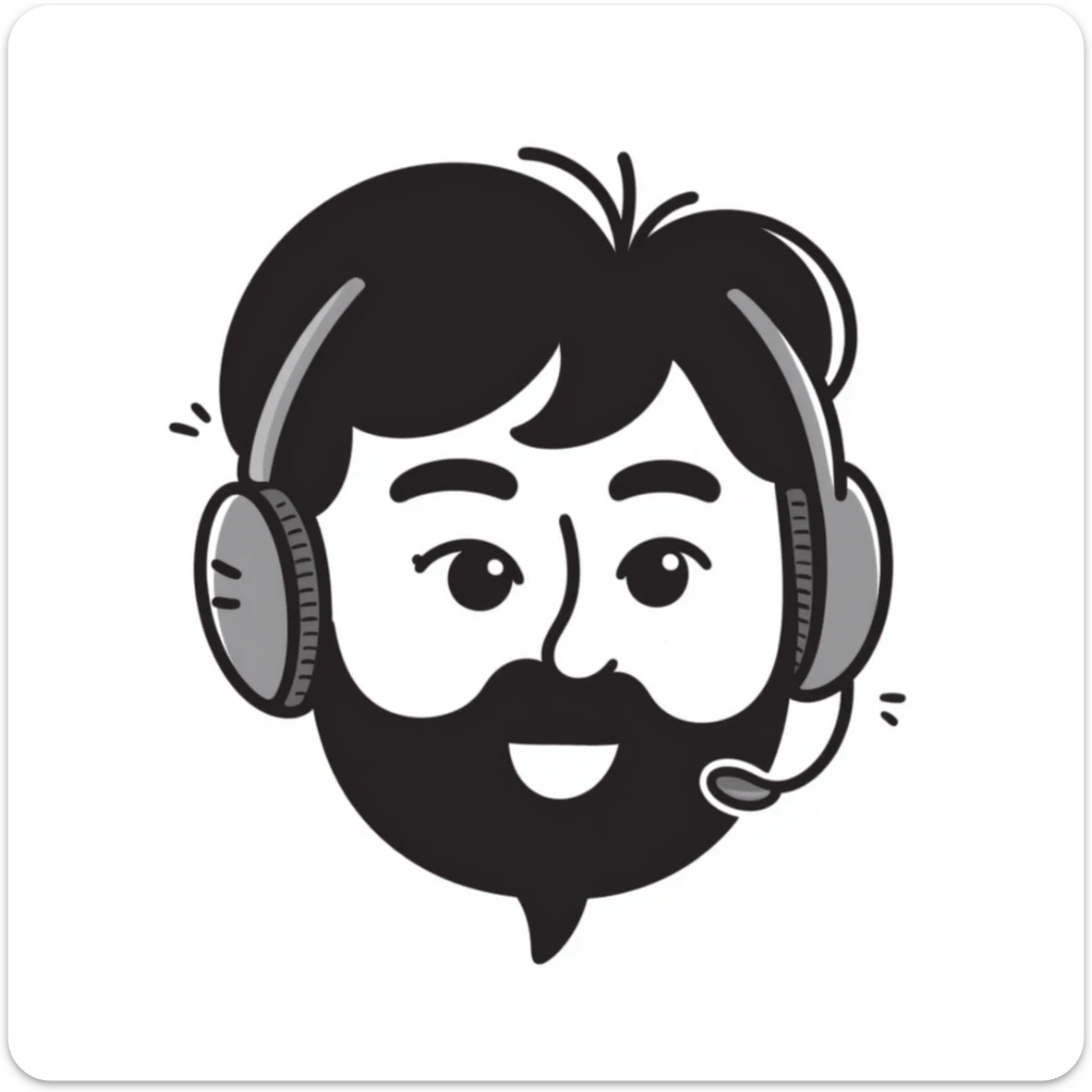 a person with black hair, brown eyes, and a black beard wearing a gaming headset saying "mdr" sticker
