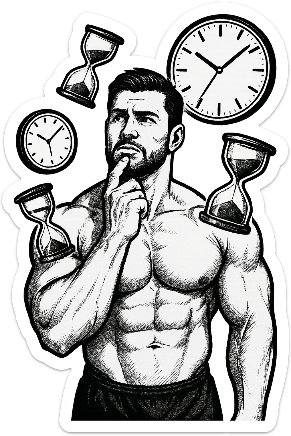 bodybuilder pensieroso che si tiene l'indice sul mento, alle sue spalle fluttuano clessidre e orologi da muro sticker