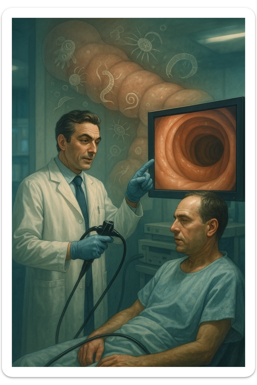 A medical cinematic illustration showing a patient undergoing a colonoscopy in a modern clinical setting. On the monitor, the endoscopic camera shows smooth, healthy-looking intestinal mucosa — clean and without evidentiary signs. But layered symbolically in the background (or faded into the intestinal wall), tiny parasitic organisms like protozoa and helminths are subtly depicted hiding between folds, or embedded deeper in tissues, undetectable by the surface-only scope. The doctor gestures with confidence, while the patient remains unaware that the test might not reveal the true underlying infection. The scene has cool clinical lighting, shallow depth of field, and realistic anatomy, overlaid with symbolic, almost ghost-like imagery of parasites in italiano sticker