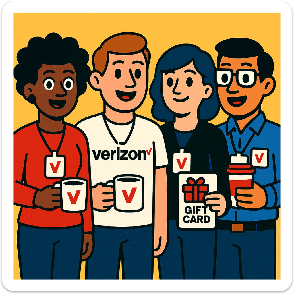 cartoon style group of Verizon employees with badges and fun perks, like coffee mugs and gift cards sticker