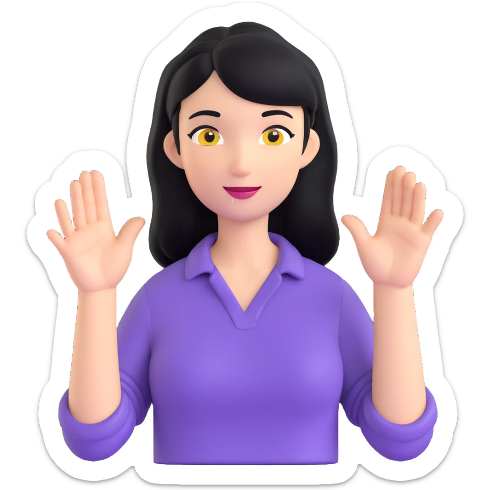 woman with black hair, purple shirt, performing a welcoming hand gesture sticker